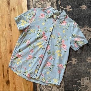 Vintage Blue Floral Cotton Short Sleeve Button Down Shirt Small